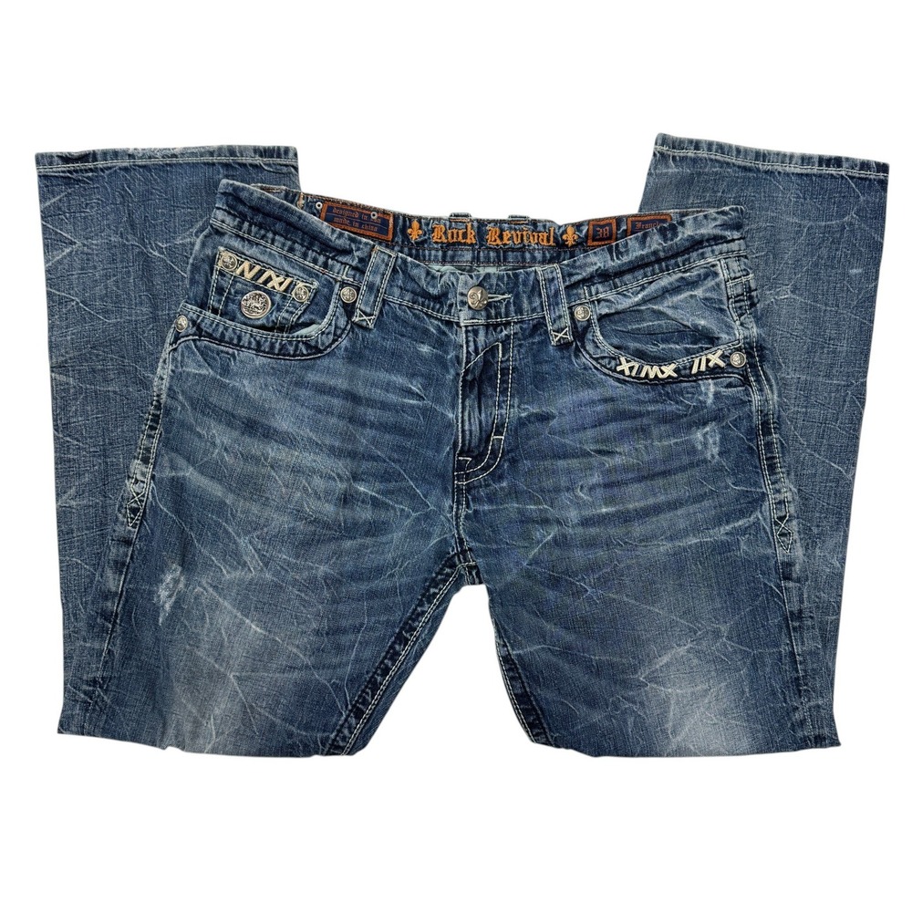 Rock Revival Francis Straight Distressed Blue Jeans Men 38 x 33 Embroidered Y2K - Picture 8 of 16